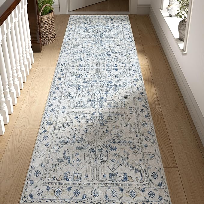 jinchan Lima Hallway Runner Rug 2x8 Washable - Vintage Floral Non Slip Low-Pile Soft Ultra-Thin Faux Wool Kitchen Rug Distressed Carpet Runner for Farmhouse Bedroom Laundry (2x8ft, Blue)