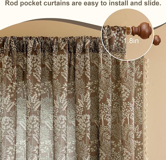 OYX Floral Curtains 63 Inch Length 2Panels for Living Room, Bedroom Light Filtering Drapes, Farmhouse Vintage Country French Tassels for Boho Pattern Rod Pocket Aesthetic Home Decor Window Treatments