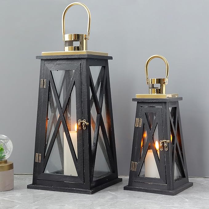TRIROCKS Set of 2 Farmhouse Wood Candle Lantern 22'' &15.5'' H Decorative Candle Holders with Tempered Glass Rustic Hanging Lantern for Garden Patio Wedding Parties Indoor Outdoor(Black Trapezoid)