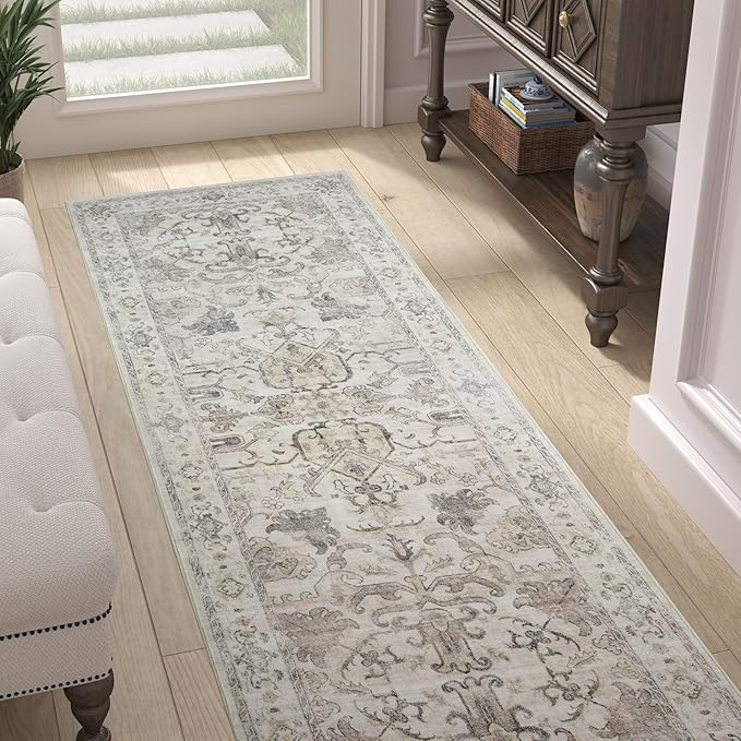 jinchan Runner Rug 2x6 Machine Washable Hallway - Vintage Floral Non-Slip Low-Pile Soft Ultra-Thin Kitchen Rug Distressed Carpet Runner for Farmhouse Bedroom Entryway Laundry Room(2x6ft, Taupe)