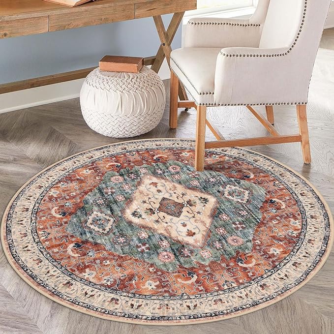 KOZYFLY Boho Round Rug 6 Ft Rugs for Entryway Washable Circle Rug Non Slip Doormat Rust/Orange/Blue Printed Faux Wool Vintage Round Entryway Rug Floor Carpet Round for Entrance, Bedroom