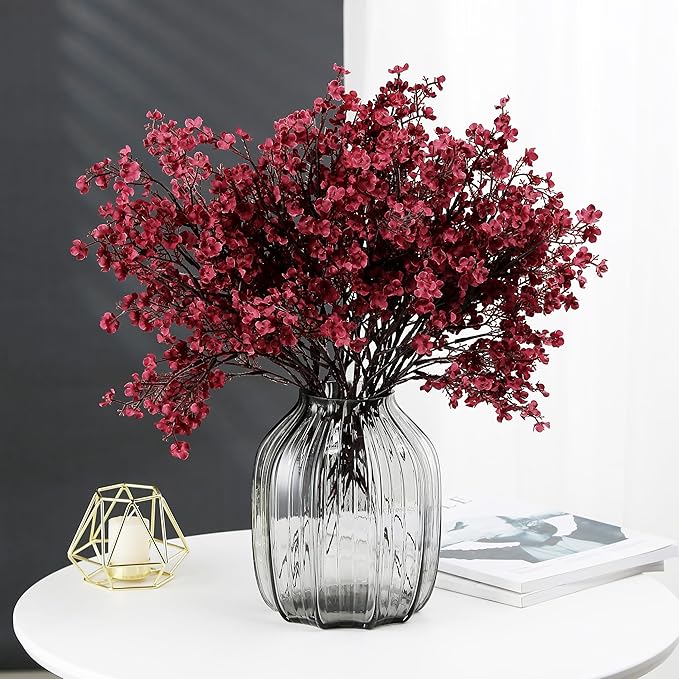 JAKY-Global Babys Breath Fabric Cloth Burgundy Artificial Flowers 6 Bundle European Fake Silk Plants Decor Wedding Party Decoration Bouquets Real Touch DIY Home Garden (Wine Red)
