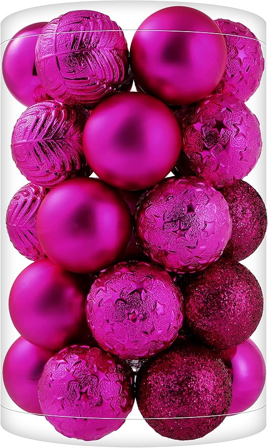 34ct Fuchsia Pink Mini Christmas Ball Ornaments Shatterproof Plastic Christmas Tree Decorations for Xmas Party Home Office Holiday Decor -Small Size (1.57"/ 40mm)