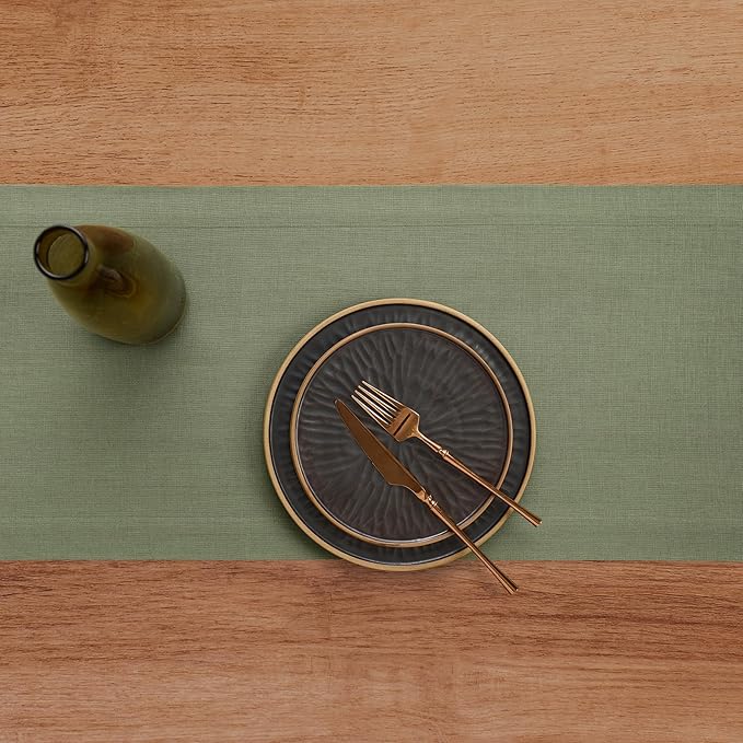 Solino Home Linen Table Runner 36 Inches - 100% Pure Linen Oil Green Table Runner 14 x 36 Inch Ideal for Dresser and Coffee Tables - Spring, St Patricks Day, Easter - Fete