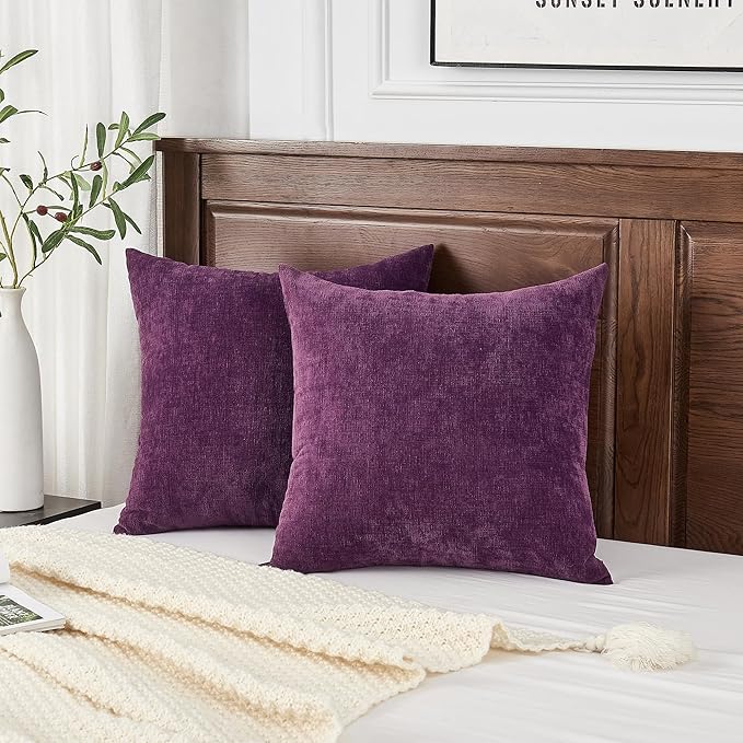 GAWAMAY Decorative Square Throw Pillow Covers 22x22 Inch Set of 2, Super Soft Chenille Pillows Farmhouse Fall Pillowcase for Living Room Bedroom Sofa Couch Cushion Cover Purple 55x55cm (No Insert)