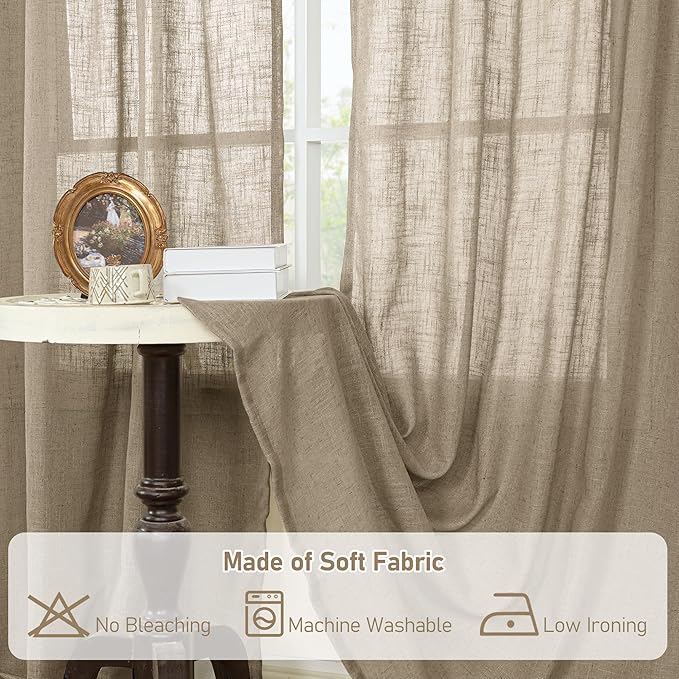 LAMIT Semi Sheer Linen Curtains 36 Inch Length for Cafe, Light Filtering Panels Back Tab and Rod Pocket Neutral Drapes for Bathroom/Kitchen/Loft Room, 25 x 36 Inch, 2 Panels