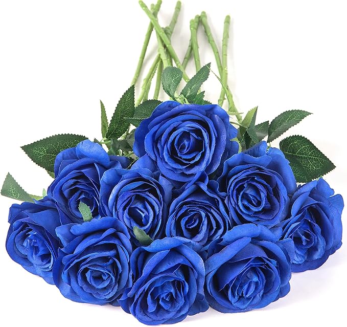 Flojery 10pcs Royal Blue Silk Roses Artificial Rose Flowers Long Stem for DIY Wedding Bouquet Table Centerpiece Home Decor (Royal Blue)