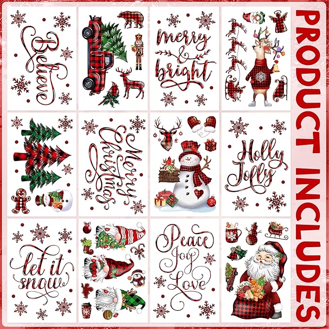 BORAMDO Christmas Window Clings 12 Sheets, Buffalo Plaid Xmas Window Decals Stickers Removable Holiday Decorations for Home & Office, 12 Styles