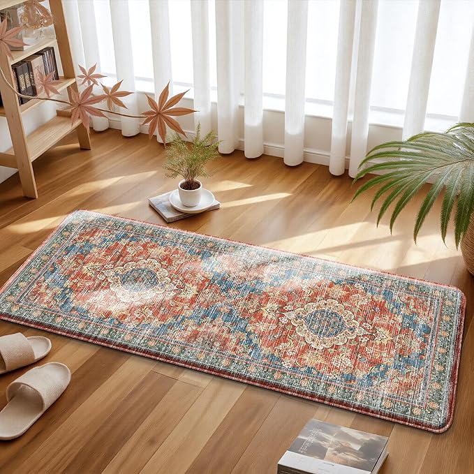 Boho Kitchen Mats for Floor 2 Piece Set Anti Fatigue Cushioned PVC Kitchen Rugs Non Slip Waterproof Farmhouse Mats 2/5 Inch Comfort Standing Mat for Sink, Laundry, 17.3"x59"+17.3"x28", Retro Red
