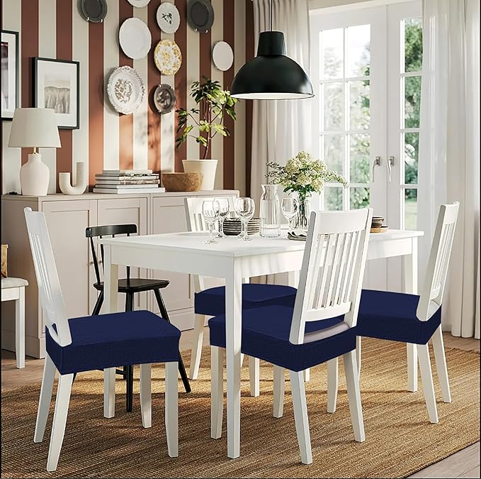 Smiry Stretch Jacquard Seat Covers for Dining Room Chairs Set of 4, Removable Washable Chair Seat Protector Slipcovers, No Rear Covers, Federal Blue