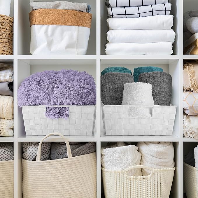 Sorbus Set of 3 Large Woven Storage Baskets – Mesh Hand-Woven Baskets for Organizing, Fabric Storage Bins for Linen Closet Organizer, Storage Baskets for Shelves and Home Organization (White)