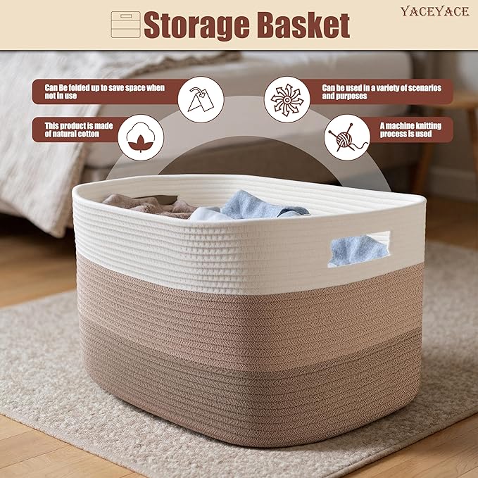 Rope Baskets for Storage, 3 Pack Foldable Baskets for Shelves, Fabric Storage Bins with Handles,Cotton Blend Bins for Home,Office,Organizing