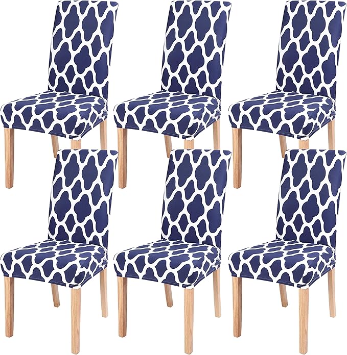 SearchI Dining Room Chair Covers Set of 6, Spandex Stretch Kitchen Chair Slipcovers Removable Washable Moroccan Geometric Parsons Chair Covers Protector for Dining Room, Hotel (Navy Blue)