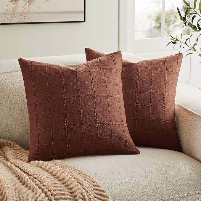 ZeeMart Linen Checked Throw Pillow Covers Set of 2, 16x16 Inch Terracota/Cream, Farmhouse Decorative Single Sided Grid Embroidered Couch Pillow Cases Rust Cotton Linen Cushion Covers