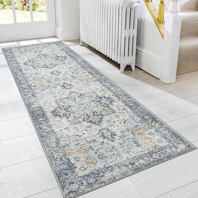 GENIMO Runner Rug 2'6"x12, Non Slip Vintage Hallway Runner Rugs, Low Pile Lightweight Machine Washable Mat for Hallway, Entryway, Bedroom, Kitchen and Corridor, Blue