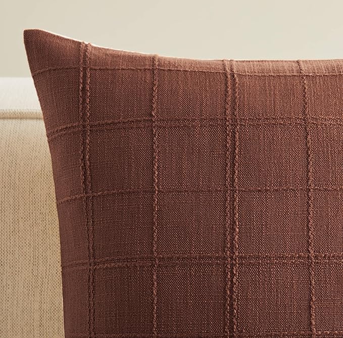 ZeeMart Linen Checked Throw Pillow Covers Set of 2, 16x16 Inch Terracota/Cream, Farmhouse Decorative Single Sided Grid Embroidered Couch Pillow Cases Rust Cotton Linen Cushion Covers