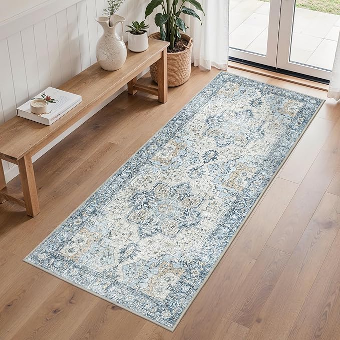 Runner Rug 2'6''x6, Non Slip Vintage Hallway Runner Rugs, Machine Washable Runners, Low Pile Lightweight Mat for Entryway, Hallway, Kitchen and Corridor, Blue