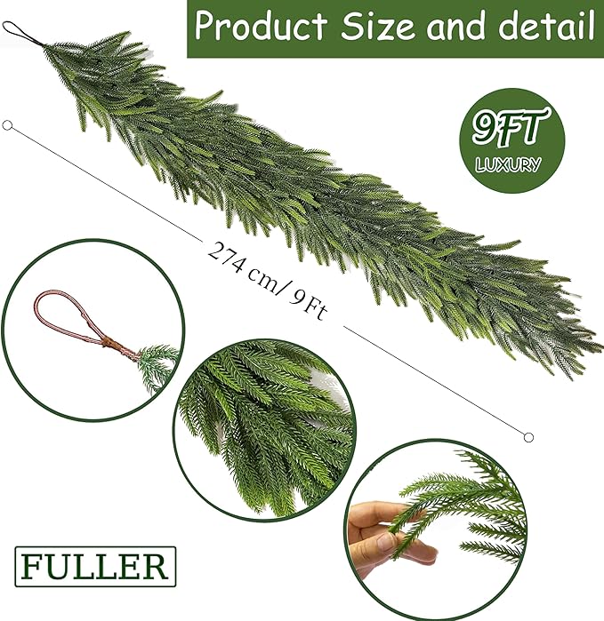 2 Pcs 9 Ft Christmas Garland Real Touch Norfolk Pine Garland Christmas Decorations Realistic Greenery Winter Pine Garland for Mantle, Table, Stairs, Fireplace Indoor Outdoor Home Holiday Xmas Decor