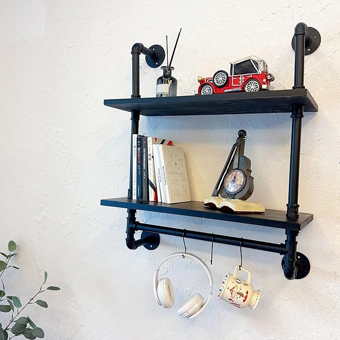 ROGMARS Industrial Pipe Bathroom Shelves Shelving,24" Black Floating Shelves for Bathroom with Towel Bar Hooks,Kitchen Wall Mounted Shelves Coffee Bar Shelf for Living Room Bedroom
