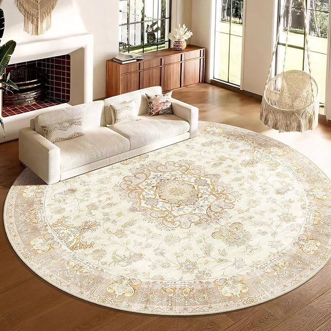 Large Boho Round Rug 9ft, Beige Circle Area Rugs for Bedroom Living Room,Washable Vintage Bohemian Distressed Oriental Floral Carpet Non Slip,Retro Gold Floral