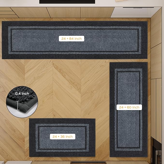 Kitchen Rugs 24" x 70", Non-Slip Machine Washable Kitchen Runner Rugs Floor Mats, Absorbent Comfort Standing Mats for Kitchen, Sink, Laundry and Hallway, Rolled Packaging, Bluish Grey & Charcoal