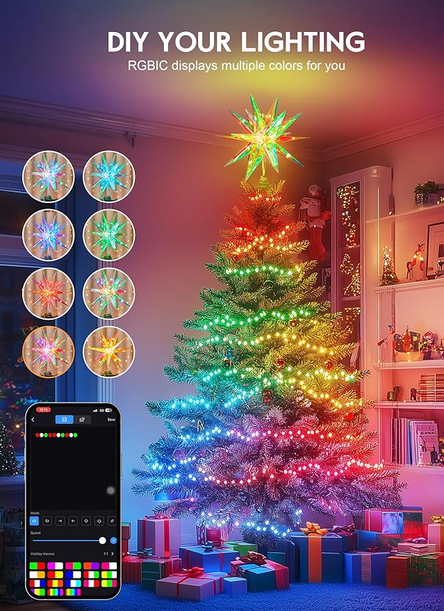 Brightown Smart Christmas Tree Topper Star, Built-in 36 Bulbs Lighted MoravianStar, RGB Color Changing W/App Control USB Powered Christmas Tree Star Topper Music Sync, Multicolor Moravianstar 13.7"
