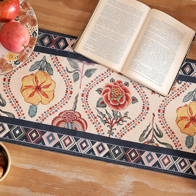 Rectangular Flower Table Runner 87 Inches Long,Farmhouse Linen Floral Table Runners with Navy Blue Border,Fall Decorations for Home Thanksgiving Christmas Party.12*87"-Lanae