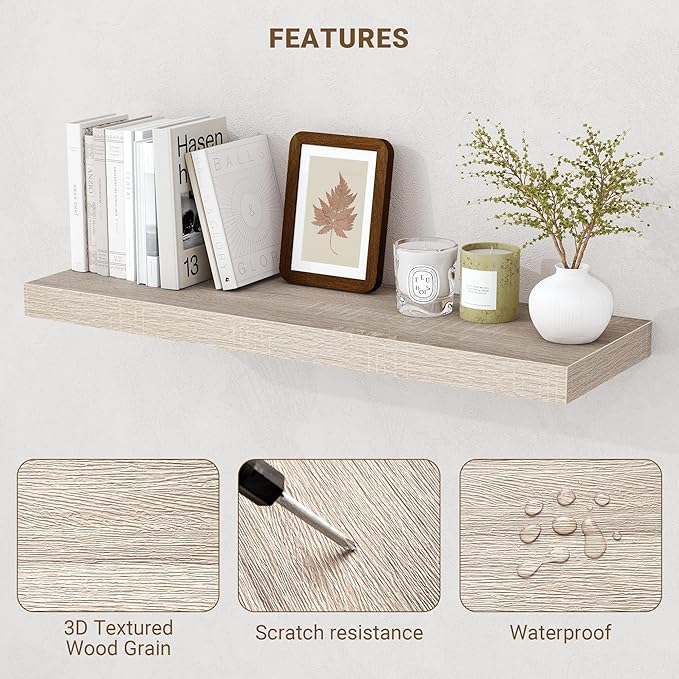 16 Inch Floating Shelves, 3D Textured Wood Grain, 16"x9.25"x1.5" Inch Deep Floating Shelves for Wall, Wooden Shelves for Bathroom, Bedroom, Living Room, Vintage White Oak, 2 Pieces