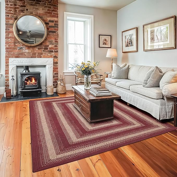 Homespice Autumn Maple Braided Area Rug 5x8' - Burgundy and Tan Braided Rugs for Dining Room and Living Room