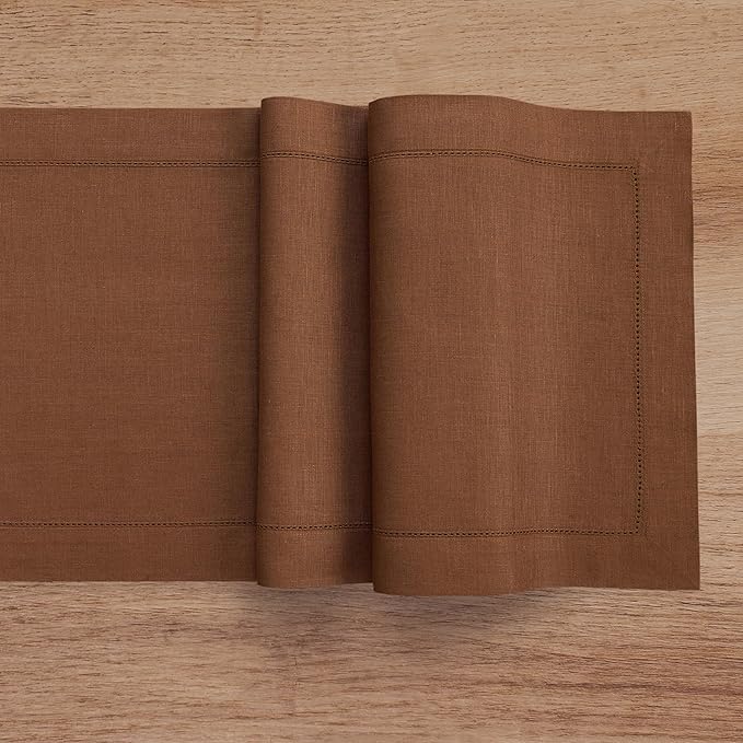 Solino Home Linen Brown Table Runner 36 Inches - Classic Hemstitch, 100% Pure Linen Coffee Table Runner 14 x 36 Inch Ideal for Dresser Tables