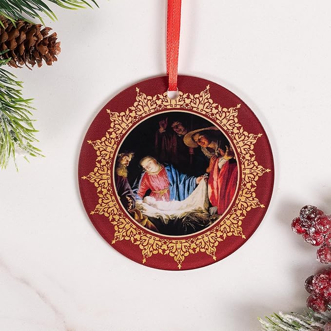 Adoration of The Shepherds Acrylic Ornament - Traditional Catholic & Christian Christmas Decor - Nativity Scene, Ornate Religious Decorative Hanging Ornaments for Tree