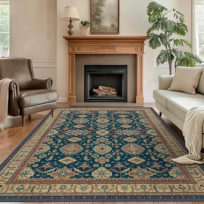 GENIMO Machine Washable 6x9 Area Rugs for Living Room, Non Slip Vintage Rugs, Low Pile Lightweight Chenille Print Rug for Bedroom, Dining Room, Home Office, Black Yellow