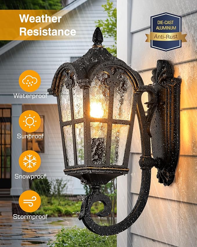 VIANIS 2 Pack Outside Lights for House Dusk to Dawn, Black Exterior Light Fixture Wall Mount, Anti-Rust Modern Outdoor Sconce Lantern with Rippled Glass for Front Porch, Garage, Hardwired, Non-Solar