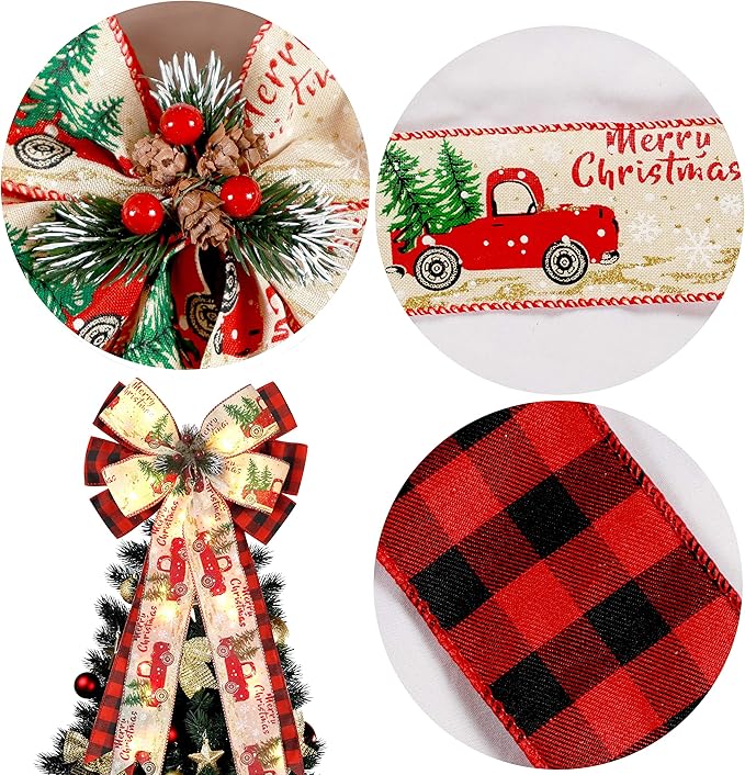 Christmas Tree Topper Bow with 30 LED Lights Decorations, 13”x25” Xmas Large Red Black Buffalo Plaid Rustic Farmhouse Wreath Bows with Truck Berries Pine Cones Pine Needles for Front Door Outdoor