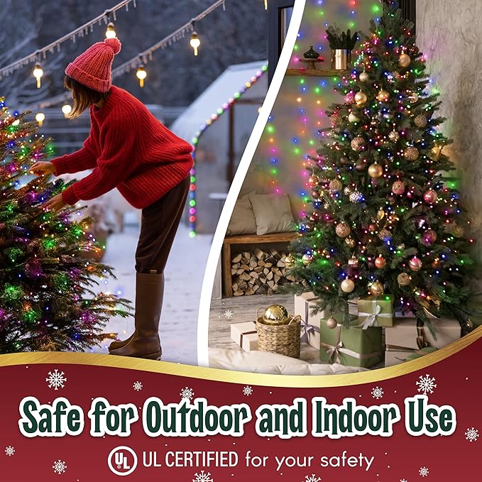 Warm Multi Color Christmas Tree Lights - 9 ft String of 50 Incandescent Mini Bulbs Multifunctional Lighting Modes, for Decorative, Bedroom, Outdoor, Xmas Twinkle Lights with Green Wire Total 10.4 ft