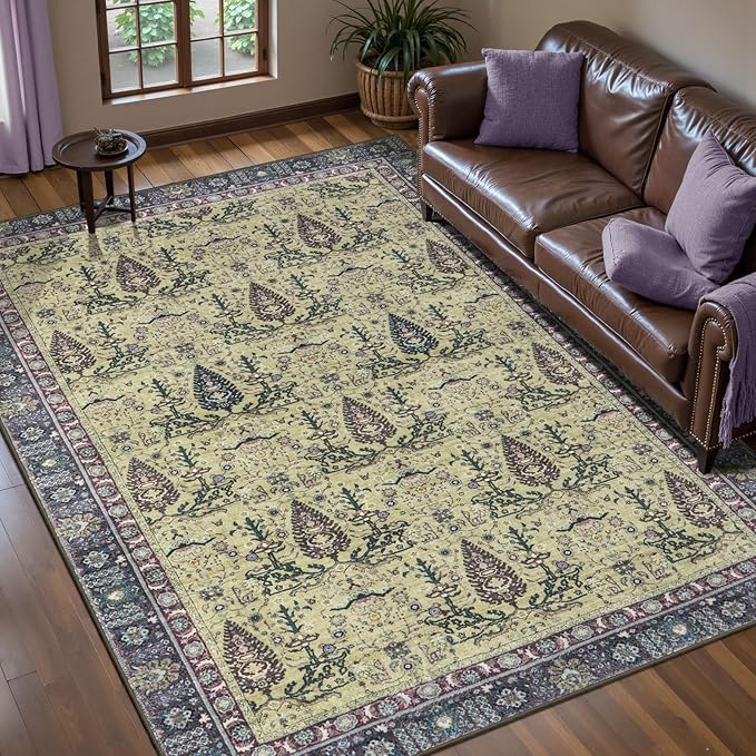 Tangsoo 5x7 Washable Area Rug for Living Room,Non Slip Vintage Boho Purple Floral Indoor Rug for Bedroom Office, Soft Low Pile Foldable Floor Rugs for Dining Room Nursery Home Decor