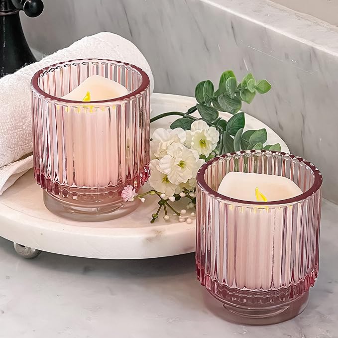 Blush Pink Vintage Ribbed Glass Tealight Votive Candle Holders by Kate Aspen (Set of 6), Pink Decor, Boho Decor, Shelf Decoration, Rose Gold Look | Perfect Hostess Gift (Pack of 6)