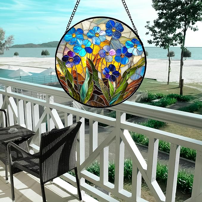 Stained Glass Window Hanging - Blue Wildflower Plant Flowers Sun Catcher for Door Garden Home Decor Suncatcher Christmas Mother's Day Birthday Gifts for Women Men Mom Nana 7.8 in