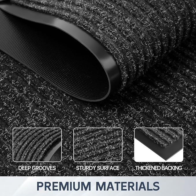 Front Door Mat, 60" x 48" Heavy Duty Indoor Outdoor Doormat, Non-Slip Welcome Mats for Entryway, Rubber Backing Low Profile Commercial Door Mats, Black Stripe
