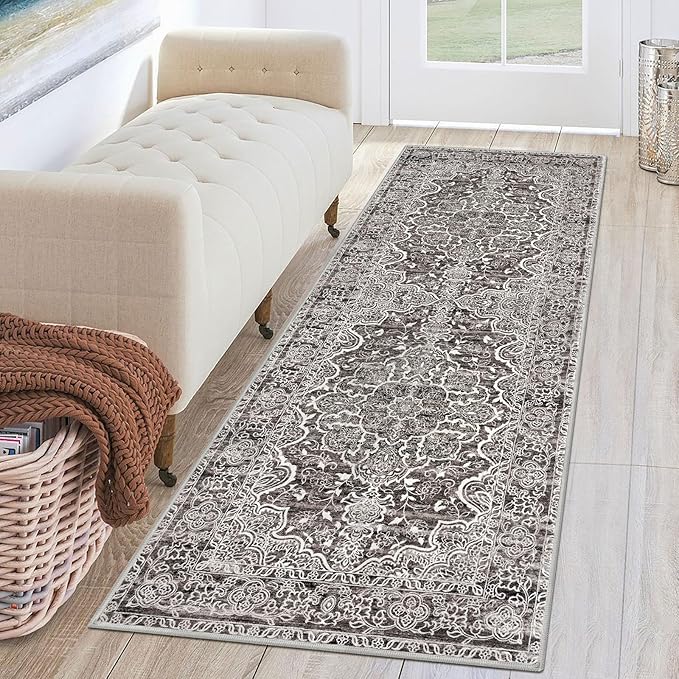 KUTA Runners for Hallways 2x6 Tan Grey, Vintage Floral Kitchen Rugs Non-Slip Washable Runner Ultra Soft Printed Retro Flower Carpet Entryway Rug for Bedroom Laundry Nursery Entryways