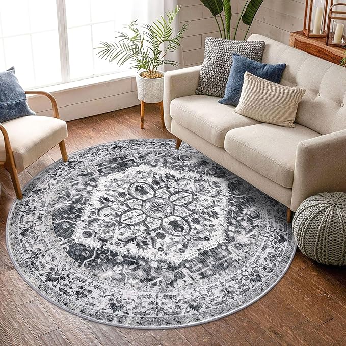 KOZYFLY Round Rug 6 Ft Rugs for Entryway Washable Circle Rug Non Slip Round Living Room Rugs Printed Faux Wool Round Dining Room Floor Carpet for Living Room, Entryway, Bedroom, Grey