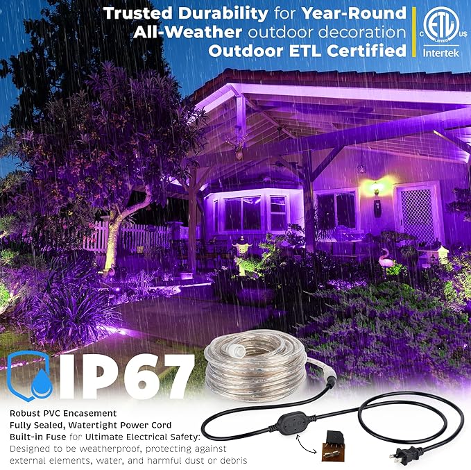 WYZworks 576LEDs, 50ft LED Outside Rope Lights, Waterproof Permanent Outdoor ETL Certified Connectable Clear Tube, Christmas Palm Tree Holiday Decorative Landscape Patio Accent Lighting - Purple