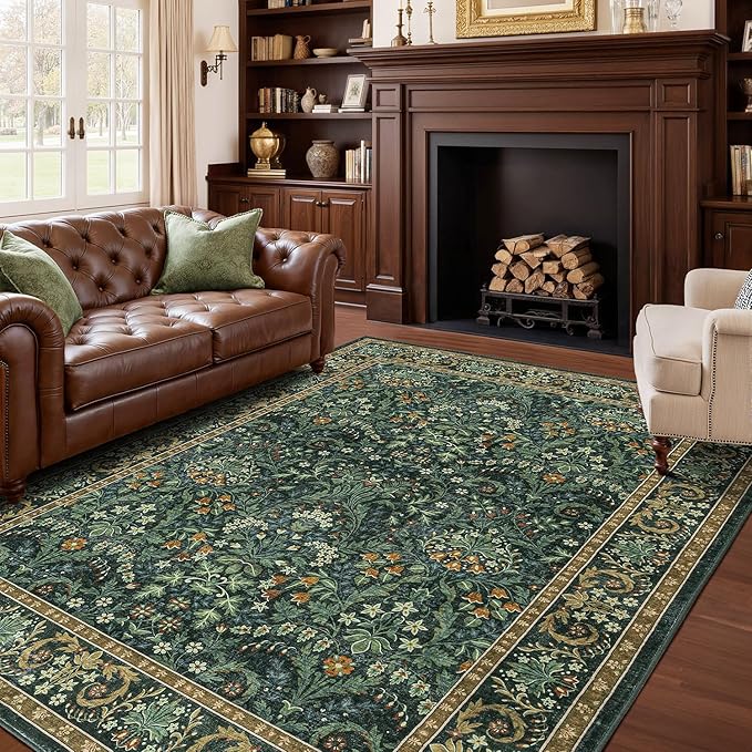 Woaboy Washable 8x10 Area Rug for Living Room Bedroom Dining Room Under Kitchen Table,Non-Slip Low Pile Stain Resistant Soft Large Carpet for Vintage Floral Oriental Home Decor Green Gold