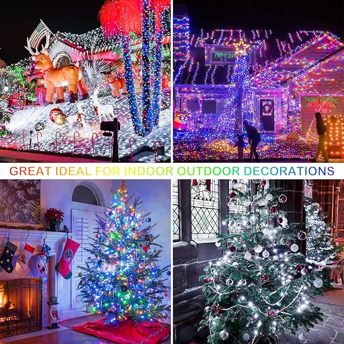 JMEXSUSS 2 Pack 100 LED Color Changing Christmas Lights Indoor, 33ft Cool White & Multicolor Christmas Lights Outdoor Waterproof, Clear Wire String Light Plug in for Xmas Tree Bedroom Decorations