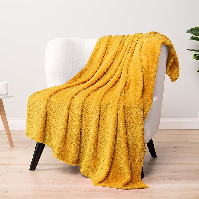 PAVILIA Mustard Yellow Throw Blanket for Couch Bed, Soft Fleece Throws for Sofa Chair, Fuzzy Waffle Textured Blanket, Cozy Warm Lightweight All Season Blanket Throw, 50x60