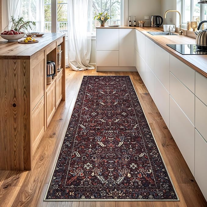Bloom Rugs Washable Non-Slip 10 ft Runner - Burgundy Traditional Bordered Runner for Entryway, Hallway, Bathroom, and Kitchen - Exact Size: 2.5' x 10'