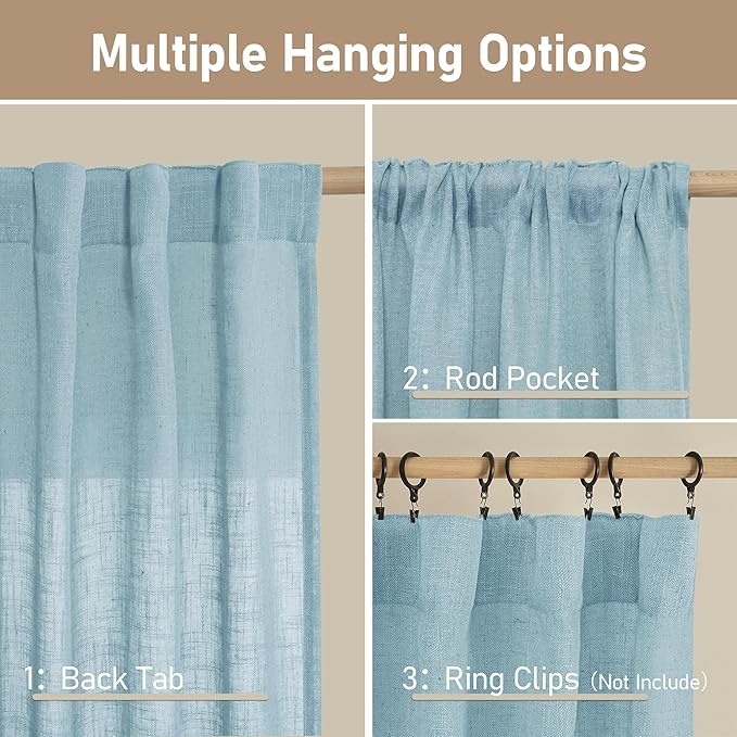 LAMIT Linen Curtains 95 Inches Long for Living Room, Back Tab and Rod Pocket Semi Sheer Panels Light Filtering Farmhouse Drapes for Bedroom/Dining Room, Stone Blue, Set of 2, 52 x 95 Inch
