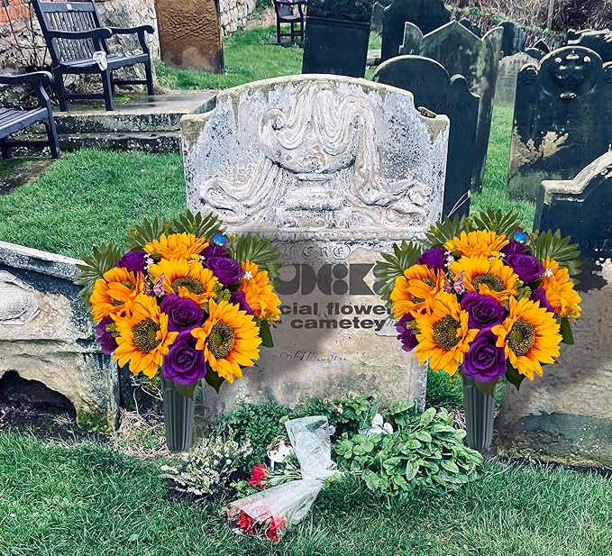 SUHOOKOO Cemetery Flowers with Vase for Grave Decor, Silk Sunflower Rose Headstone Flower,Tombstone Flower - Bright and Colorfast,Purple/Yellow