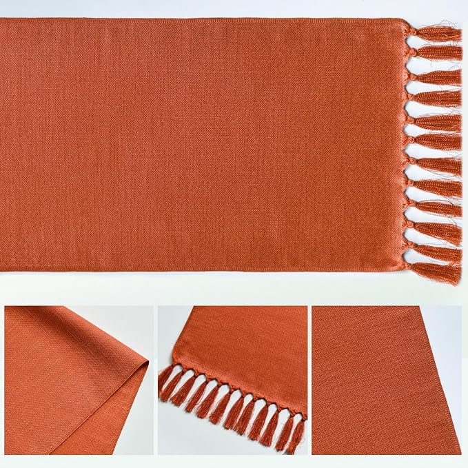 Artoid Mode Terracotta Orange Tassel Table Runner, Fall Linen Blend Rustic Farmhouse Style Kitchen Table Decoration Holiday Wedding Party Dinning Decor 13x48 Inch