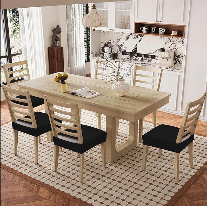 Smiry Waterproof Seat Covers for Dining Room Chairs Set of 4, Stretch Jacquard Removable Washable Chair Seat Slipcovers Protector, No Rear Covers, Black